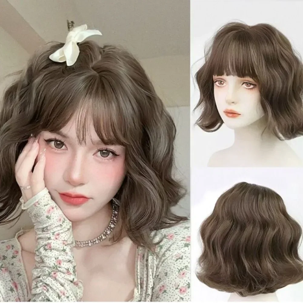 Brown Black Short Wool Curly Synthetic Wig Simulation Girls Cosplay Full Head Cover Props