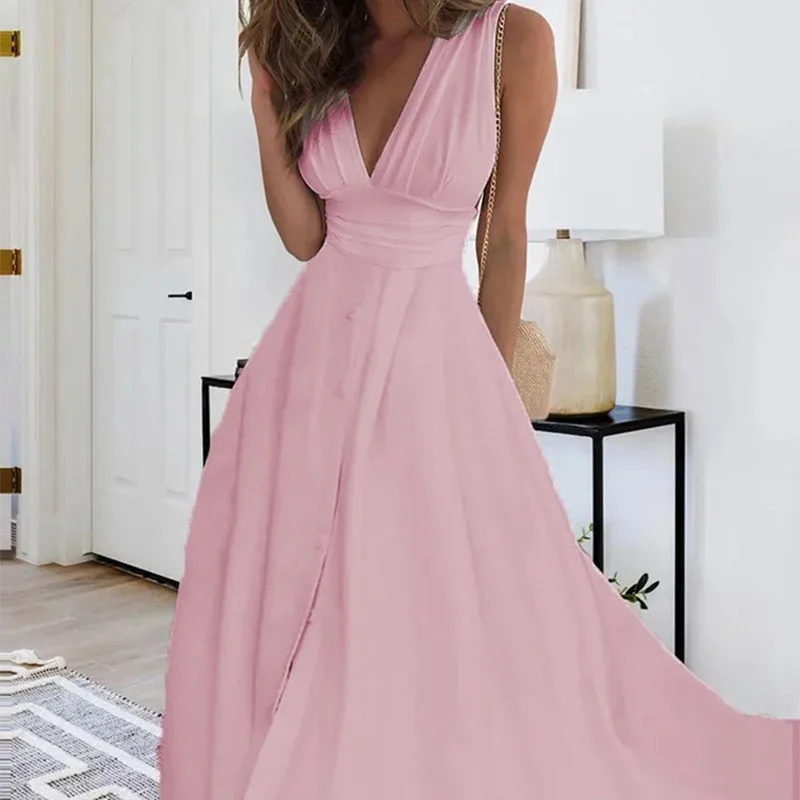 Abito lungo estivo da donna elegante Solido senza maniche Vestito estivo da vacanza Sexy scollo a V Boho Casual Abiti maxi allentati Abiti femminili
