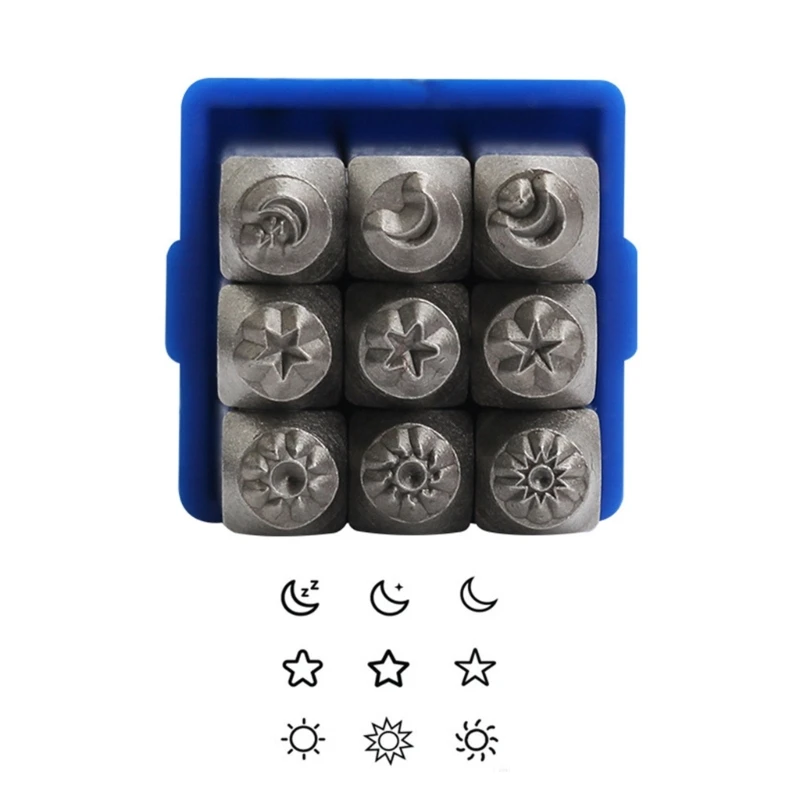 9 Pieces Celestials Designs Sturdy Steel Metal Stamps Set for Custom Jewelry Crafting and Personalizing Soft Metals