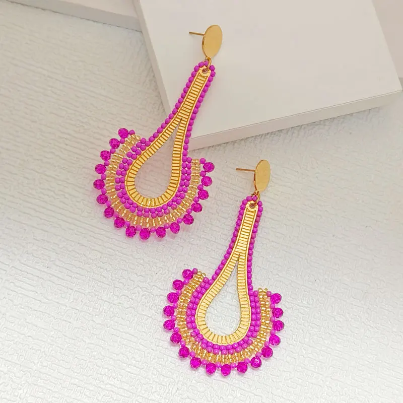 Beaded earrings Crystal Water drop  Bohemia Hollow out Exaggerate Hand knitting Alloy Female Fashion Simple Rice bead earrings