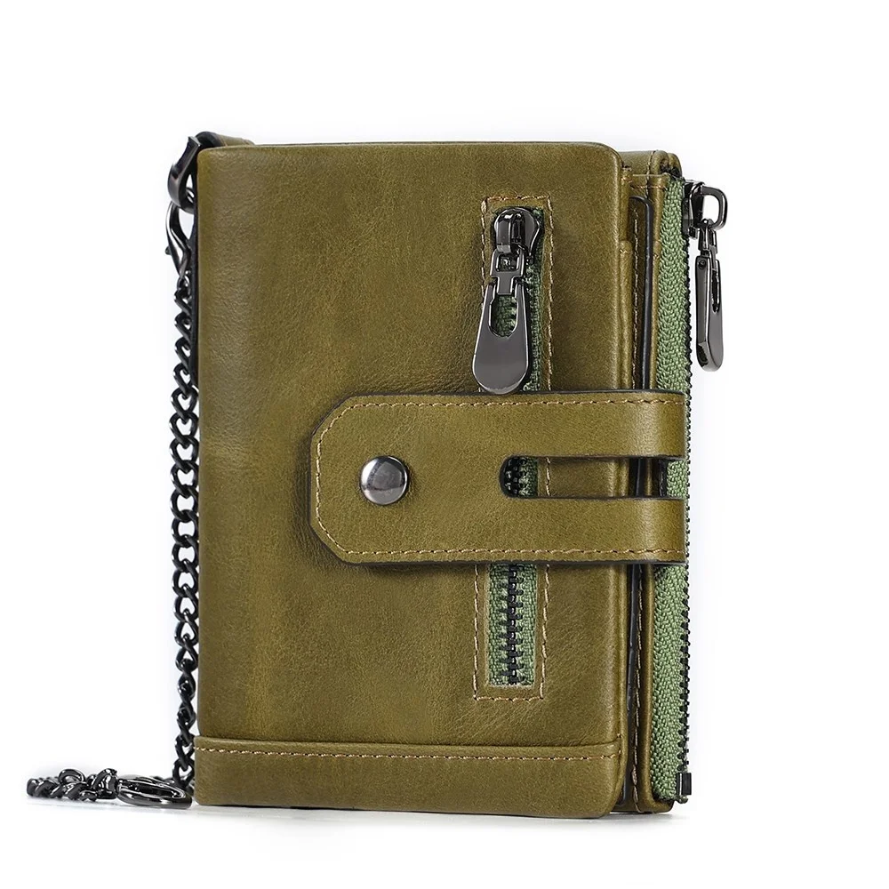 Mens Wallet RFID Blocking Genuine Leather with Chain Zipper Coin Pocket Bifold Purse 14 Card Holder Male