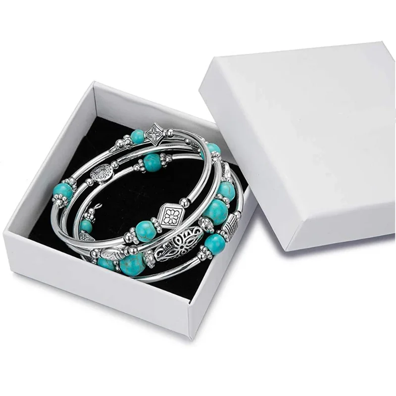 Layered Wrap Bangle Turquoise Bracelet - Bead Bracelet with Natural Agate Stone, Gifts for Women Men Mom Girls view 4