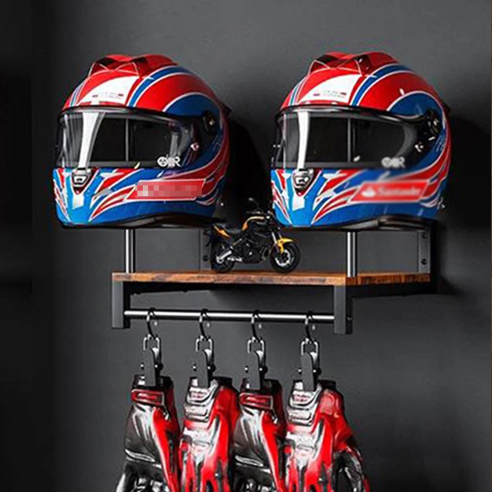 Motorcycle Helmet Wall Mount Wooden Shelf With Adjustable Hooks Sturdy Durable Storage For Motocross Bicycle Accessories