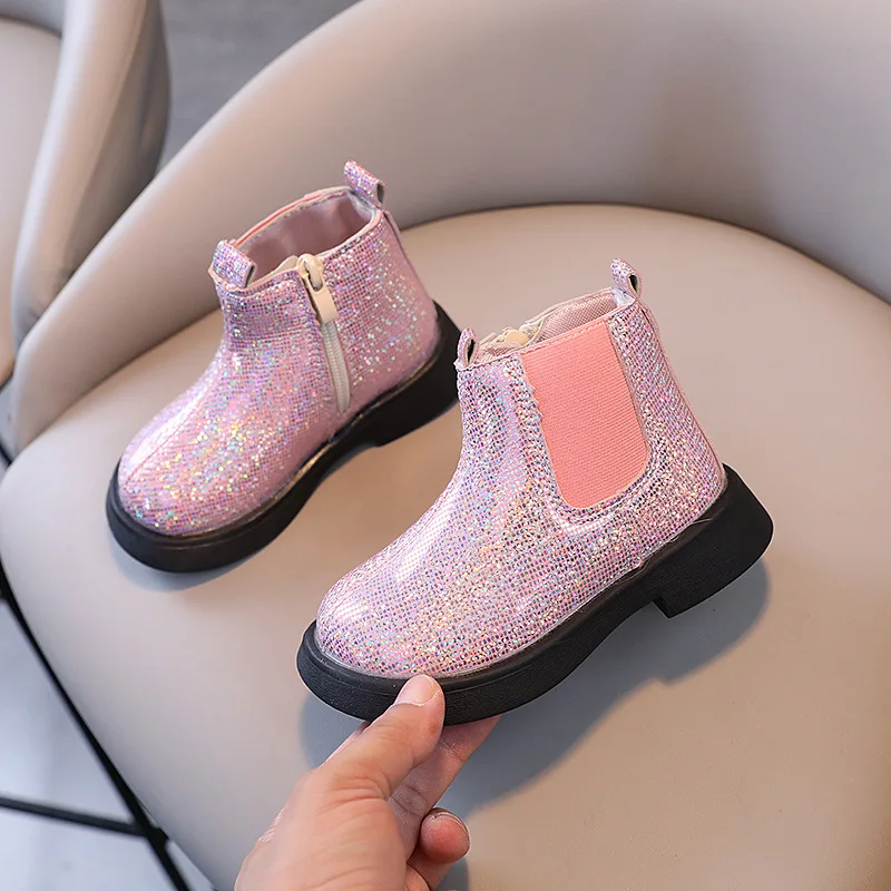 2024 Autumn Winter Baby Kids Leather Boots Grils Fashion Ankle Boots Shiny Princess Shoes Kids Thicken Warm Snow Shoes for 21-30