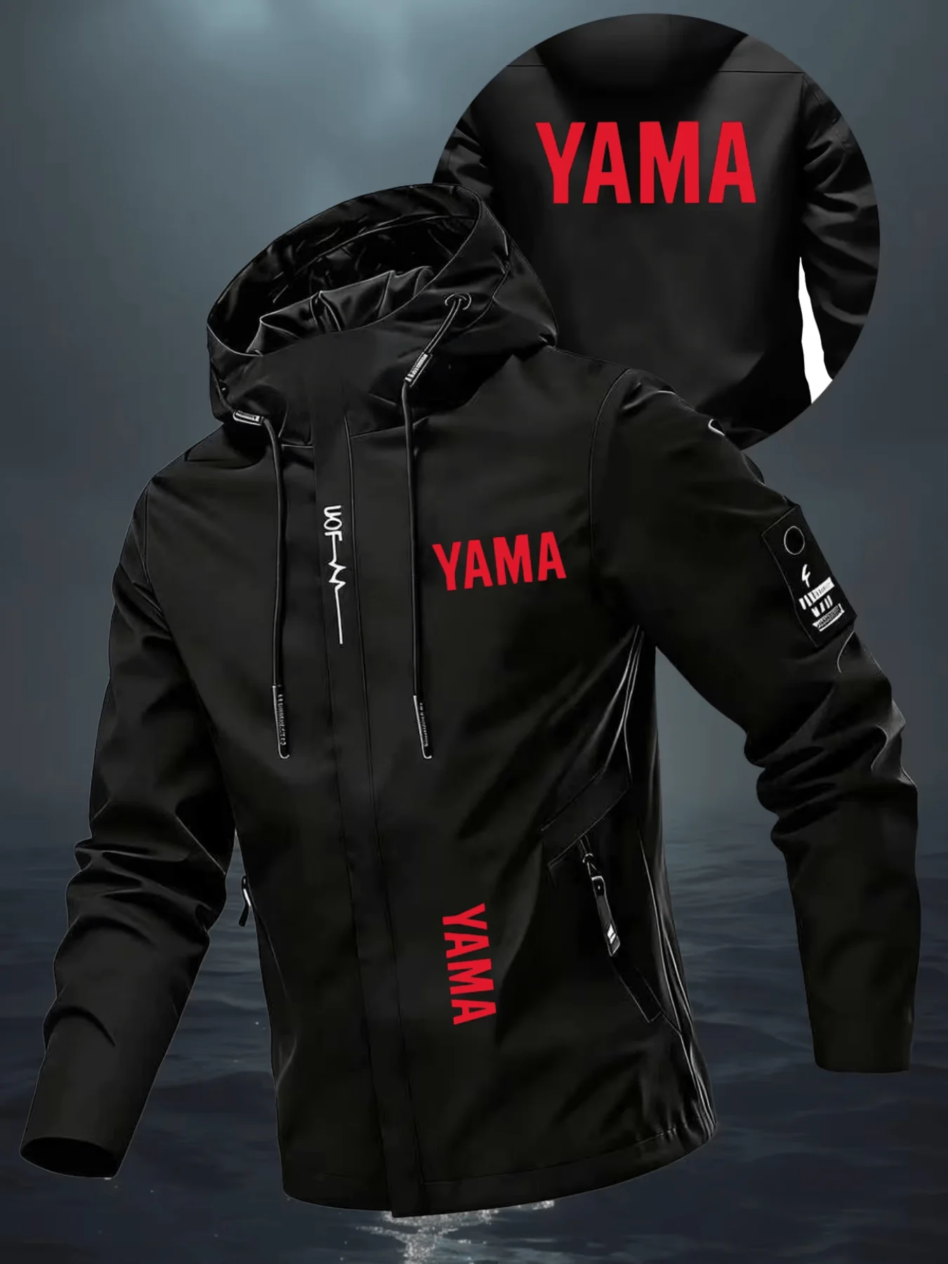 Die wind- und wasserdichte Jacke ist mit dem Aufdruck "YAMA" versehen und hat eine lockere Passform, geeignet für Motorrad-Enthusiasten. – Detail 2