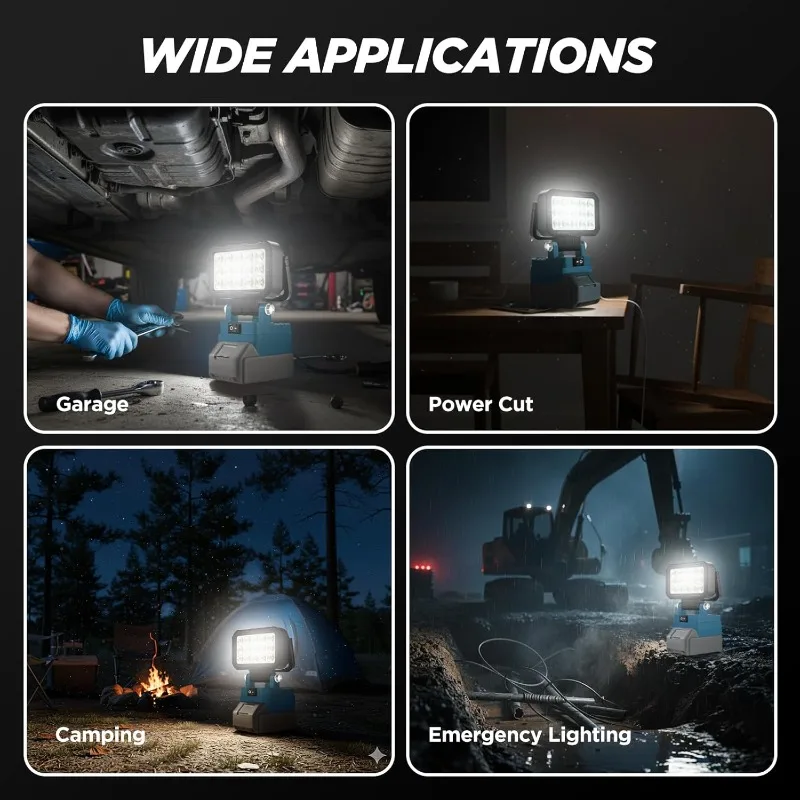 6000 لومن LED ضوء العمل لبطارية ديوالت/ماكيتا/ميلووكي 18 فولت 20 فولت كشاف ضوء لاسلكي مع منافذ USB مزدوجة مصباح يدوي خارجي
