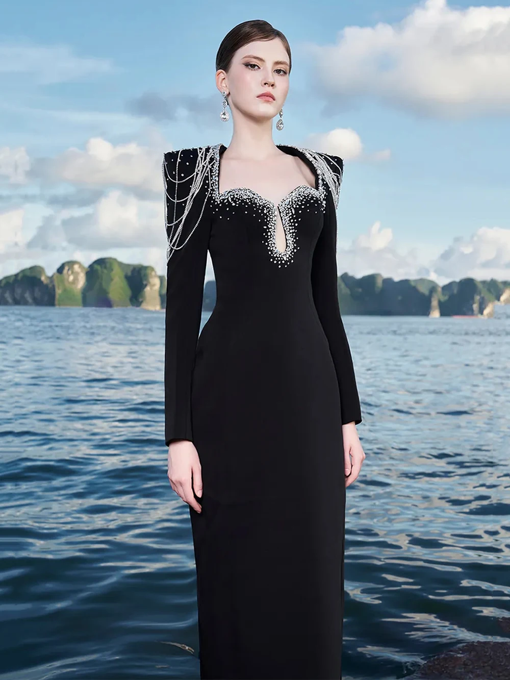 Modphy Sparkling Luxury Diamond Tassels Beads Long Sleeved Slim Maxi Dress Women'S Elegant Celebrity Evening Party Wedding Gowns