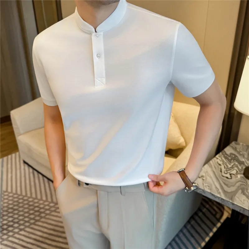 Short Sleeved Stand Collar Polo Shirt for Men Summer Ice Silk Thin and Light Breathable Top Solid Casual High Elasticity T-shirt