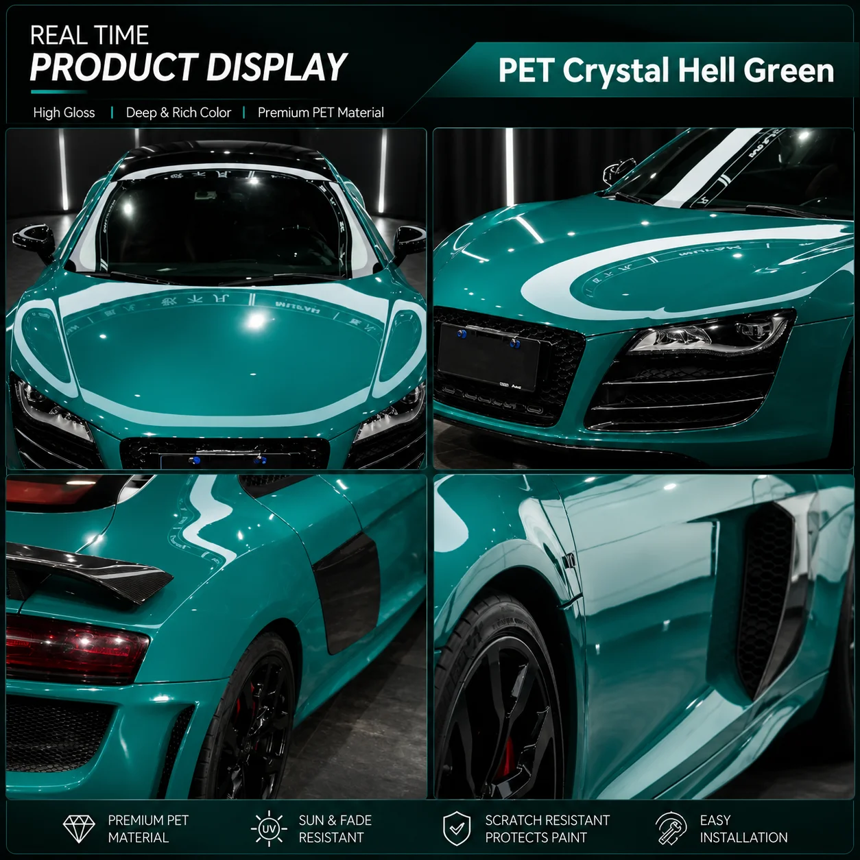 1.52x18m Super Bright Crystal Hell Green PVC Car Wrap Vinyl Color Shift Bubble Free Air Release Full Body Film