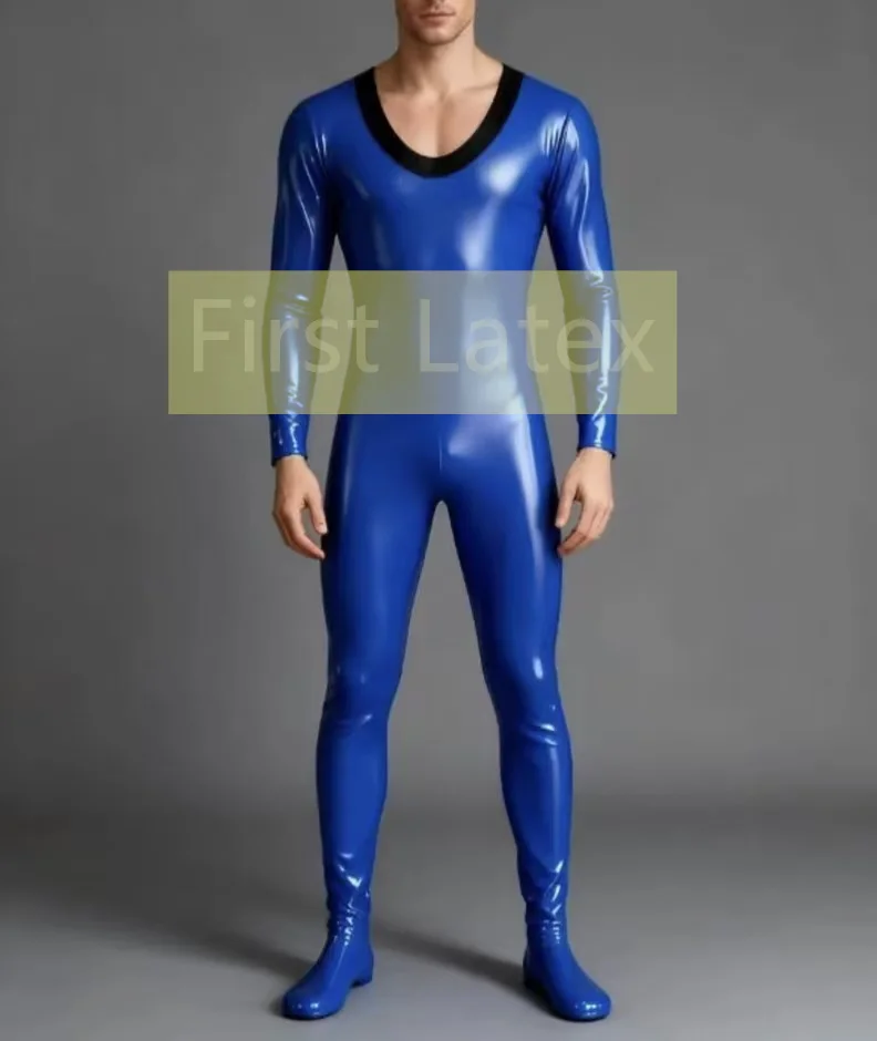 

Handmade Dark Blue With Black Trim Latex Men's Catsuit V Neck Neck Entry No Zip Latex Bodysuit Attached Socks Halloween Cosplay