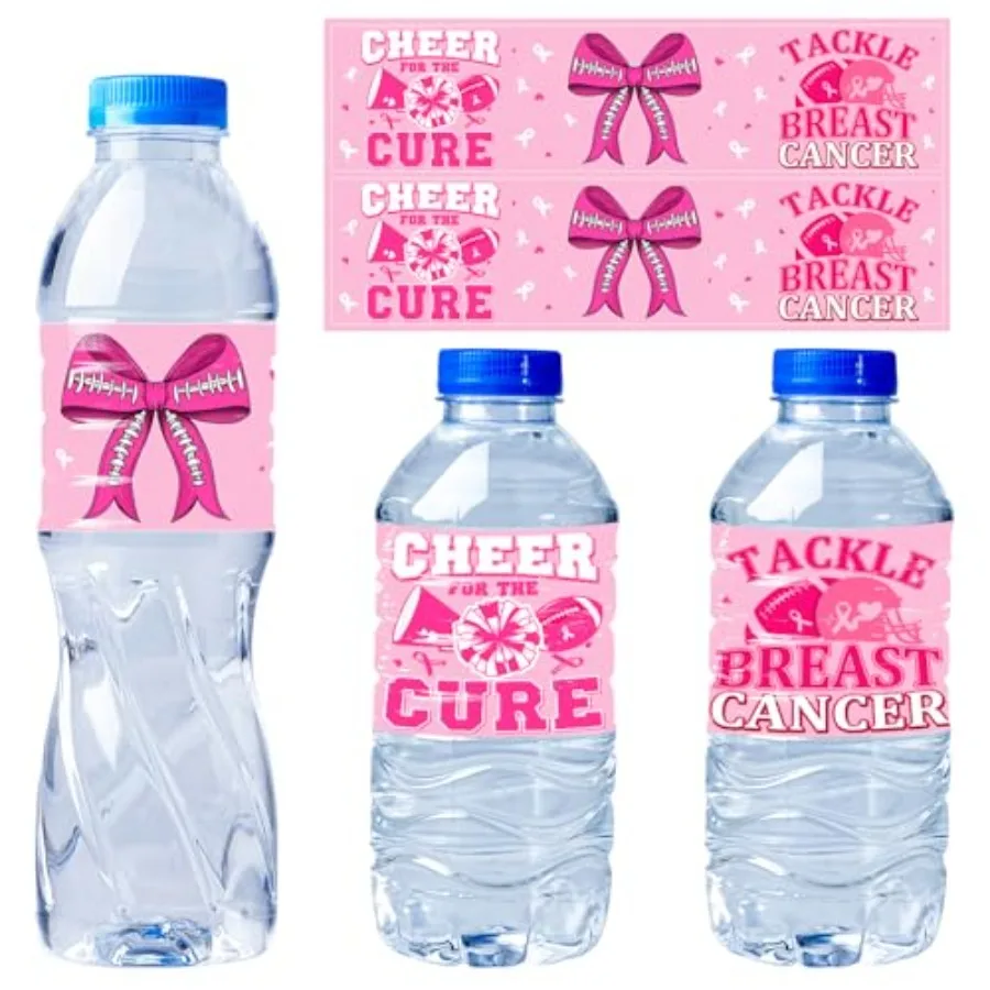 

50Pcs Breast Cancer Awareness and Football Water Bottle LabelsTackle Breast Cancer Cheer for The Cure Pink Coquette Bow Waterpr