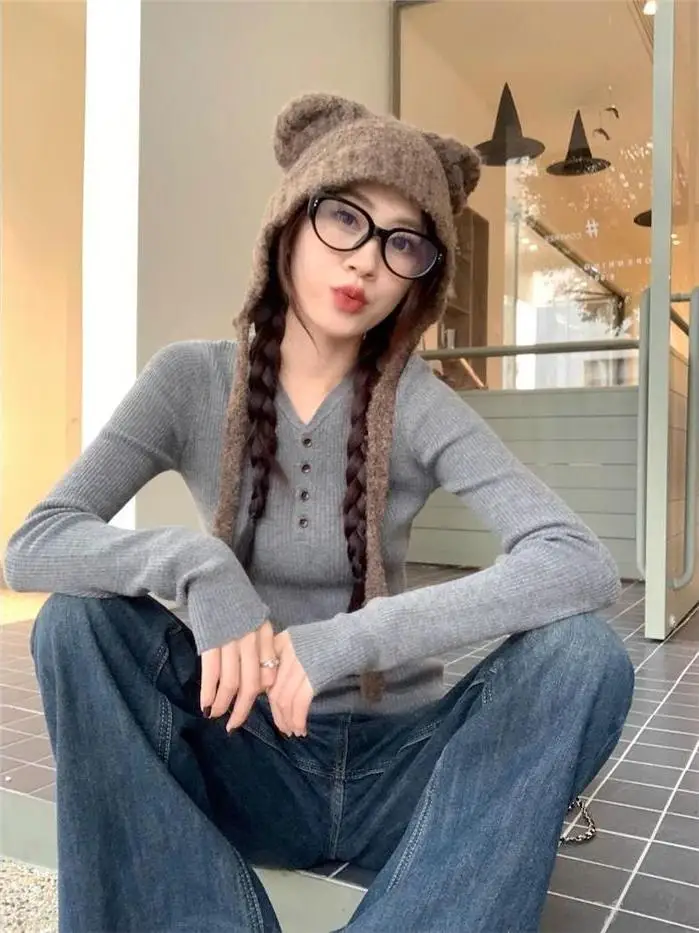 

American Sle Pure Desire V-Ne Knitted Base Layer Women's Autumn Winter Slim Fit Long Sve ey Top Ci Walk Suitable