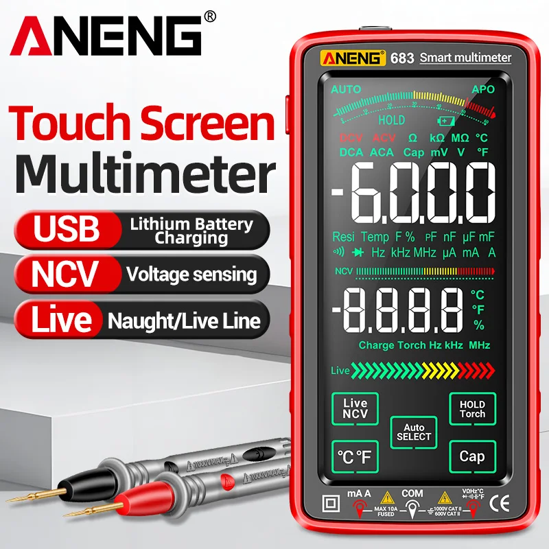 

Профессиональный мультиметр ANENG 683 для измерения напряжения AC/DC, 6000 показаний, амперметр, сенсорный экран, NCV, тестер диодов