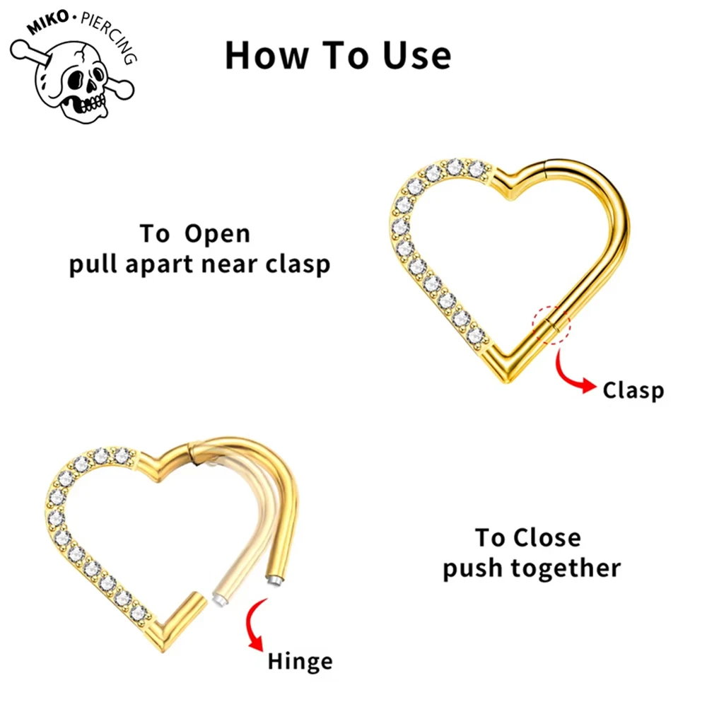 ASTM F136 Titanium Anodizing Implantation Heart Daith Pierced Nose Ring Grade Diaphragm 16G Clicker Tragus Earring Body Jewelry