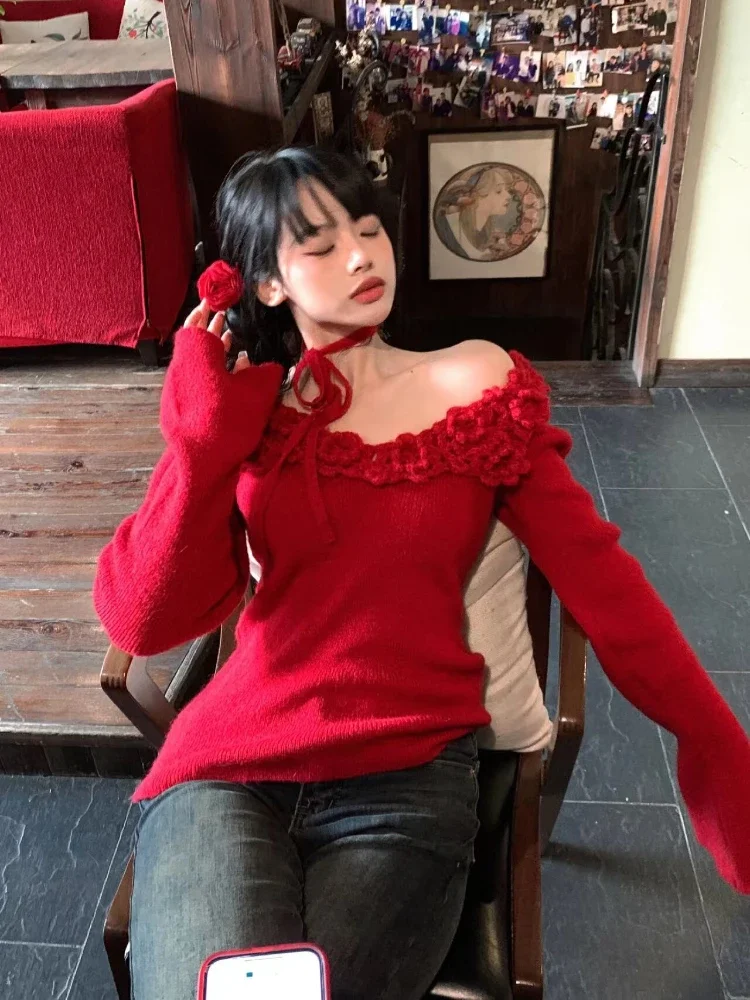 

Y2k Aesthetic 3d Flower Sweet Off Shoulder Pullover 2025 Women Vintage Harajuku Knitted Jumper Fairy Grunge Red Slim Fit Sweate