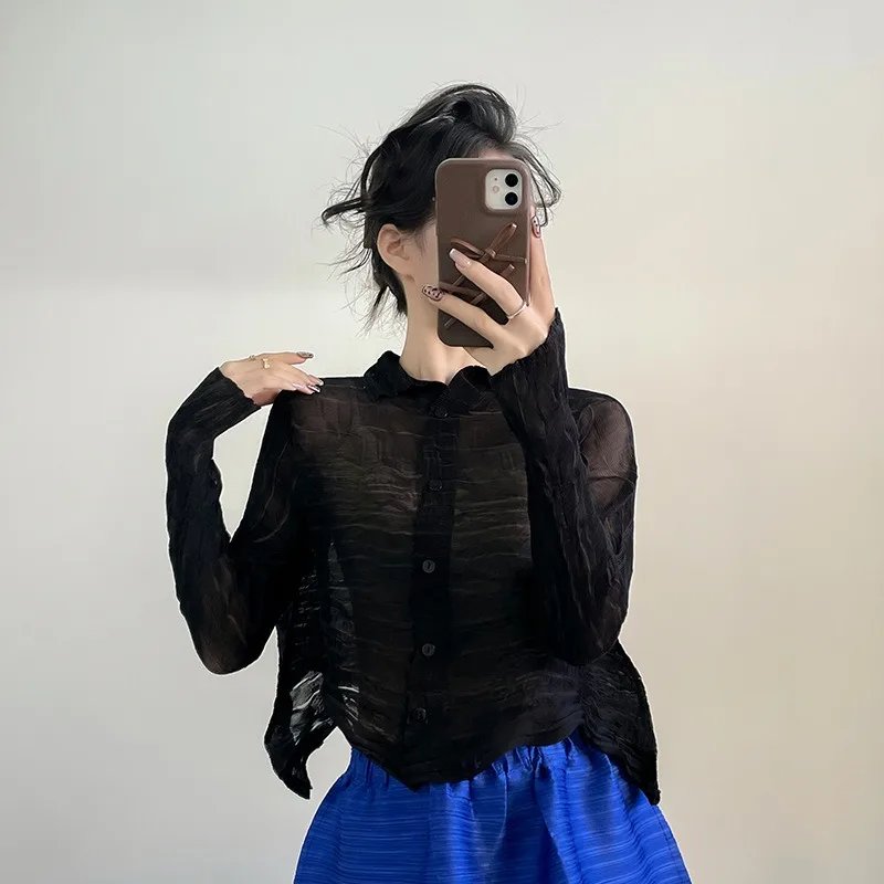 Pleated Shirt 2026 Summer New Simple Casual Elegant Lightweight Stretch Transparent Willow Cardigan Short Jacket Women