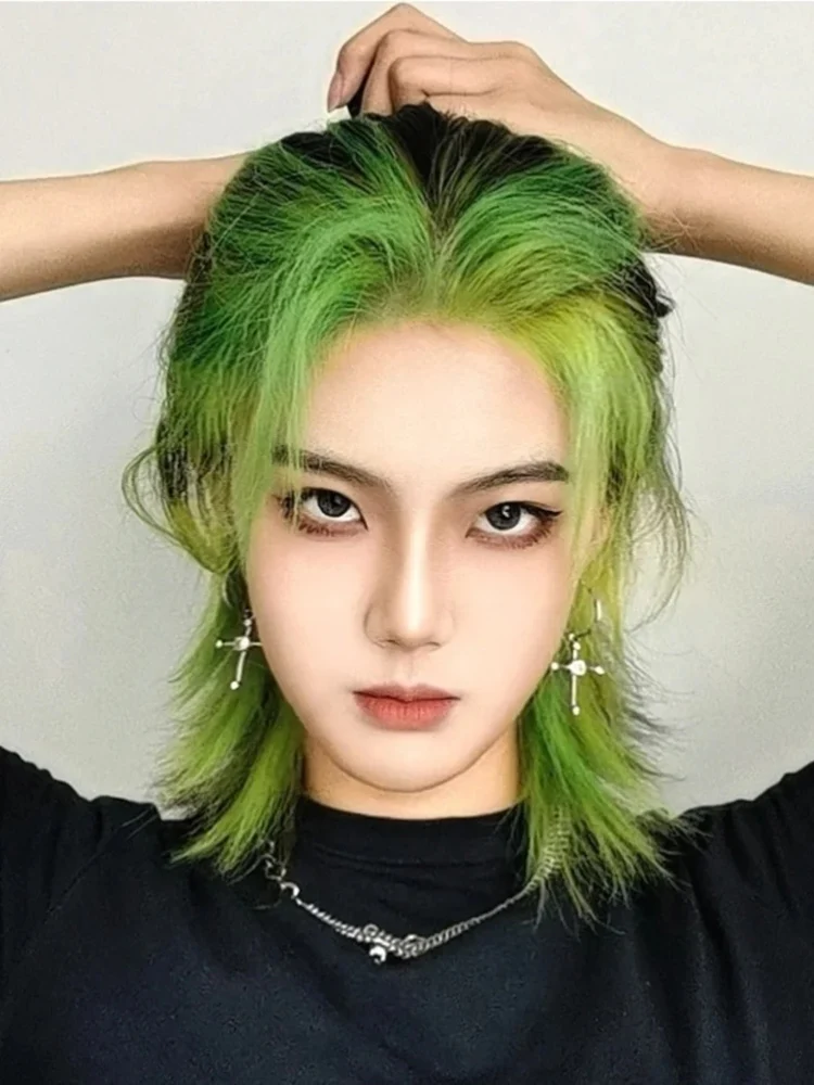 GAKA Synthetic Role Play Wig Mullet Head Wig Natural Avocado Green High Quality Wig Boy