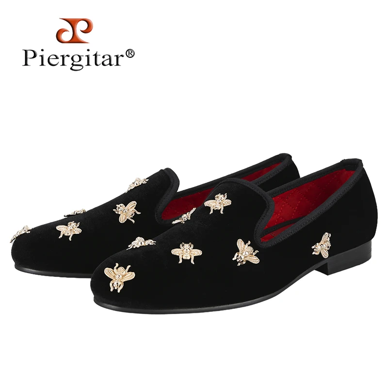 

Piergitar Black Color Velvet Slip-On Slippers With Customised Gold Bees Metals Italian Luxury Brand Same Model Men's Loafers
