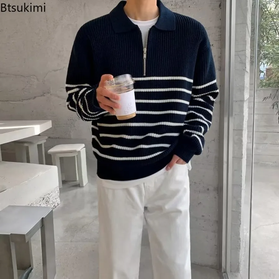 2025 Autumn Winter New Men's Casual Lapel Long Sleeve Sweater Fashion Loose Retro Half Zipper Pullovers Striped Knitted Sweaters