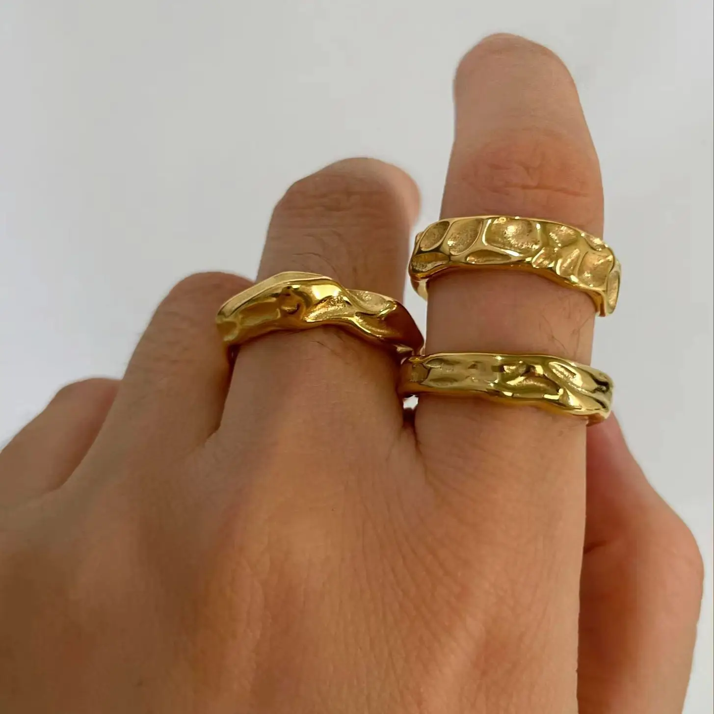 3PCS High-Quality Minimalist Gold Hammer Patterned Irregular Thick Men's And Women's Ring Set, Fashionable And Creative Jewelry