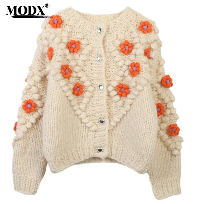 [modx] Hook Flower Sweater Autumn/winter New Women's Round Neck Long Sleeved Three-dimensional Handmade Flower Loose Fashion