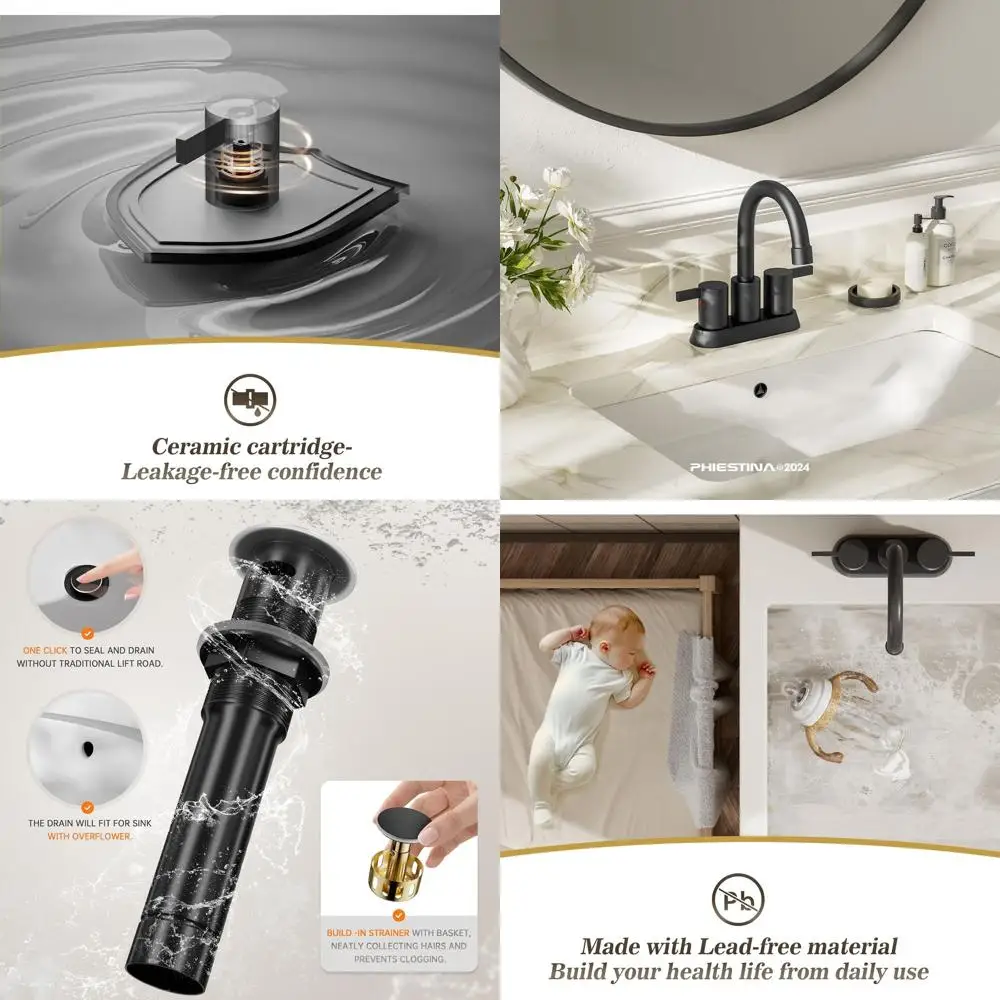 

Matte Black 4 Inch 2-Handle Centerset Bathroom Faucet Set, 360° Swivel Spout, Pop-Up Drain Included for RV Sinks