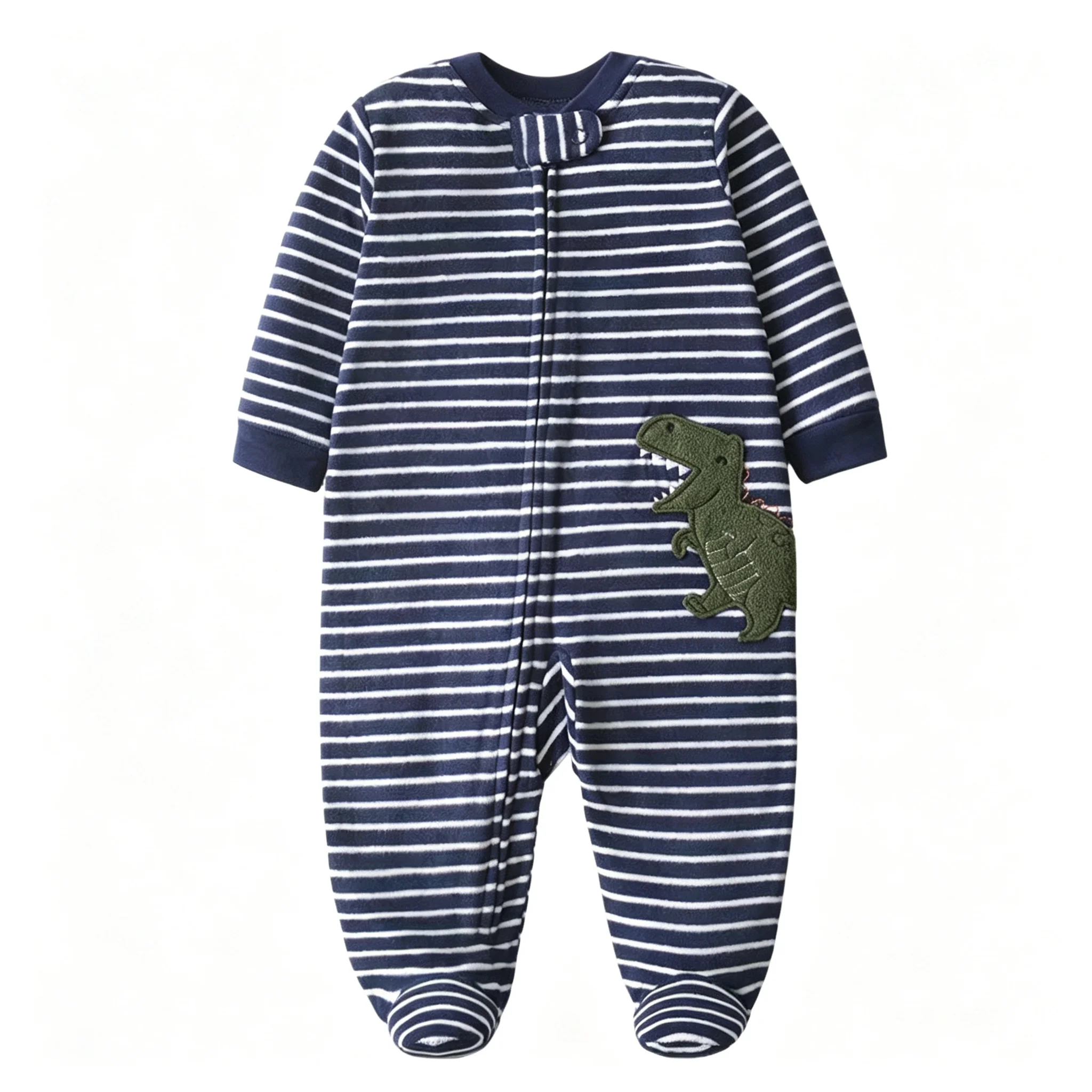3 To 12 Months Infant Footed Fleece Jumpsuit, Navy Stripes Dinosaur Applique Baby Casual Bodysuit
