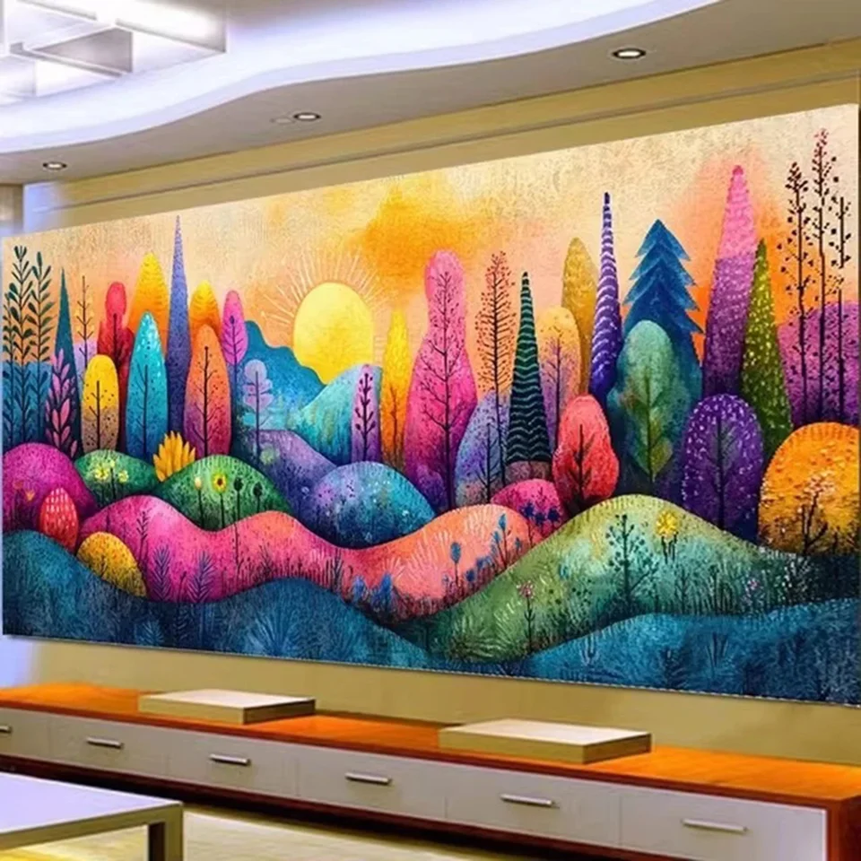 יהלום גדול diy גדול צביעת מים צבע מים נוף יער צבעוני, מקדחה מרובע/עגול, עיצוב הבית רקמה