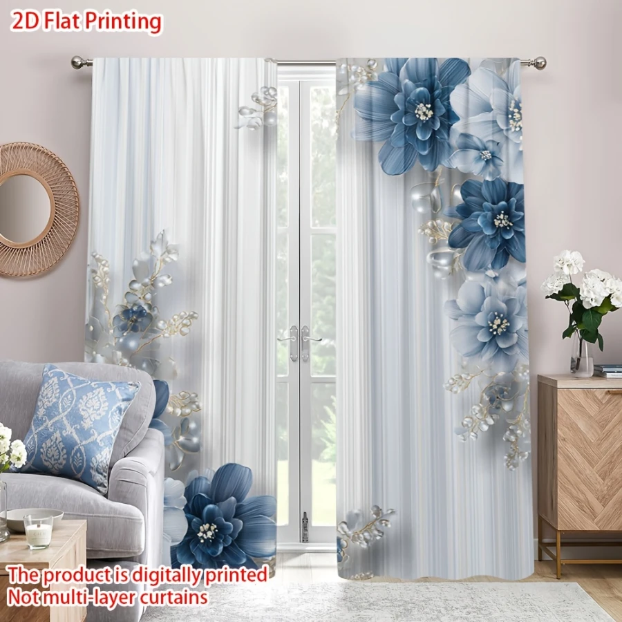2PCS Digital Printed Curtains, Butterfly Shadow Blue Flower Pattern, Stylish Window Treatment for Living Room Bedroom Decor