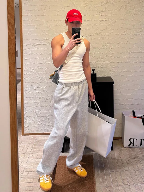 سراويل American Sle ey من القطن الخالص للرجال صيفية خفيفة الوزن من الحرير الجليدي واسعة الساق مزدوجة متماسكة مستقيمة صغيرة متوهجة... #2