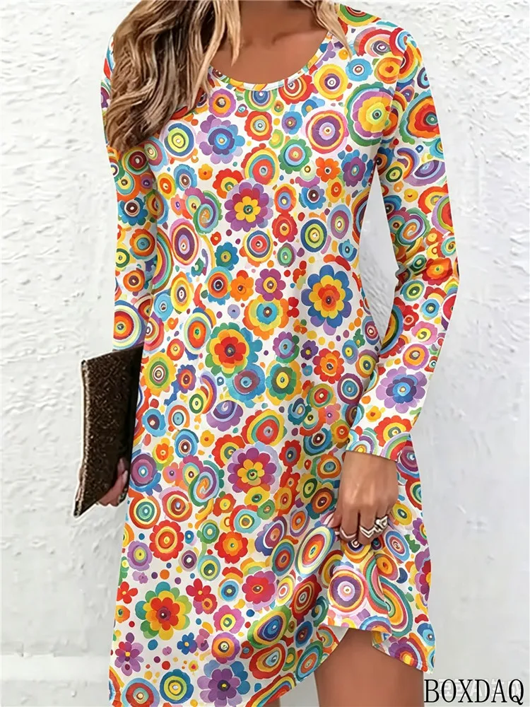 Autumn Women's Casual Dresses Long Sleeved Round Neck Multi-Color Circle Abstract Pattern Printed Casual Daily Loose Dress