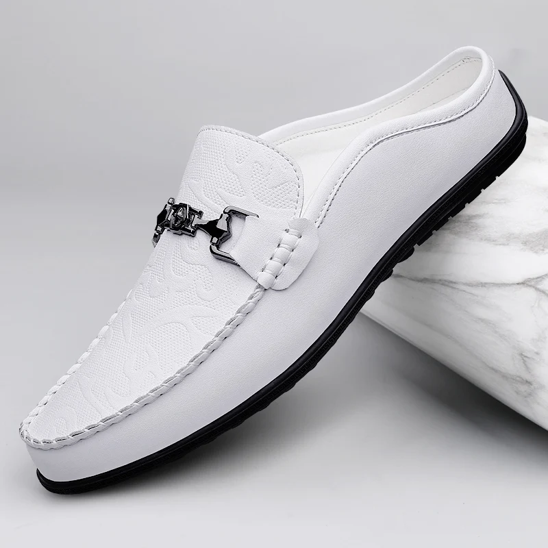 Leather Mules Men Half Shoes For Man Slippers Slip-on Flats Sneakers Backless Casual Shoes Semi-Drag Loafers Slides Sandals 2026