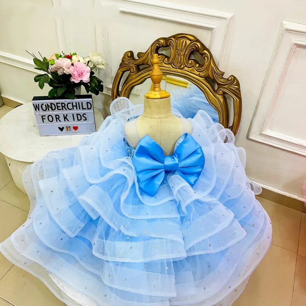 Girl Clothes Fluffy Flower Girl Dress Sky Blue Ruffles For Weddings Beading Little Girls Pageant Birthday Party Gown