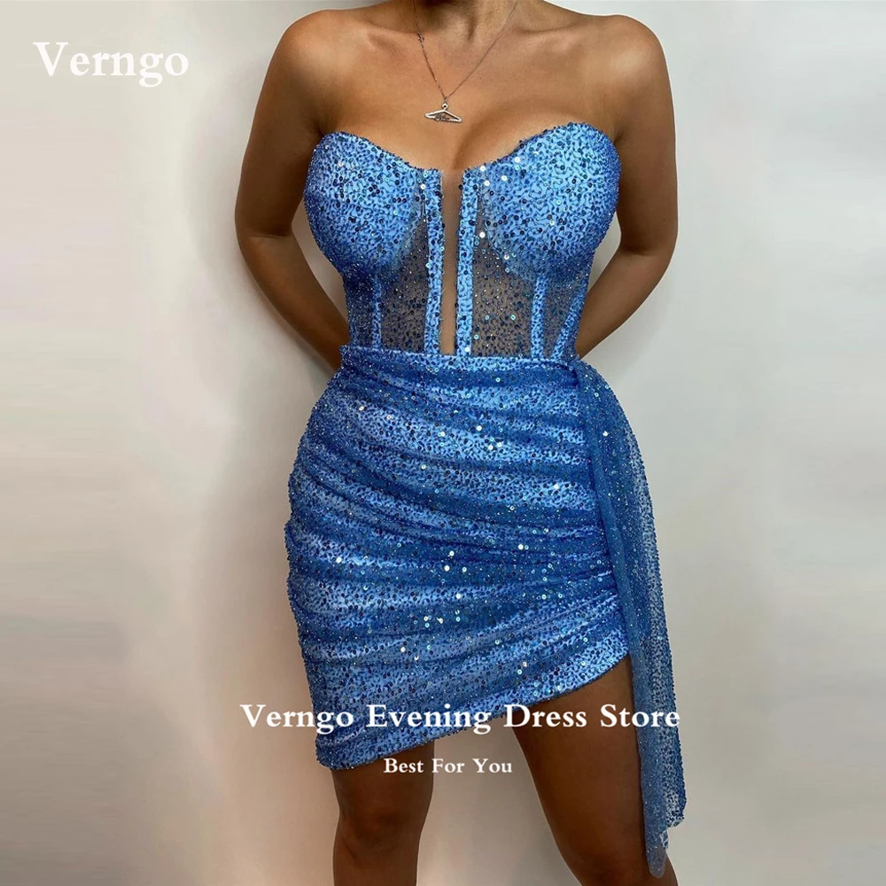 

Verngo Glitter Blue Short Prom Party Dresses Sweetheart Mini Sexy Arabic Shiny Formal Evening Gowns Night Club Cocktail Dress