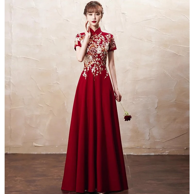 

Vintage Embroidered Bridal Dress Traditional Mandarin Collar Toast Clthoes Large Size 3XL Burgundy Qipao Elegant Wedding Dresses