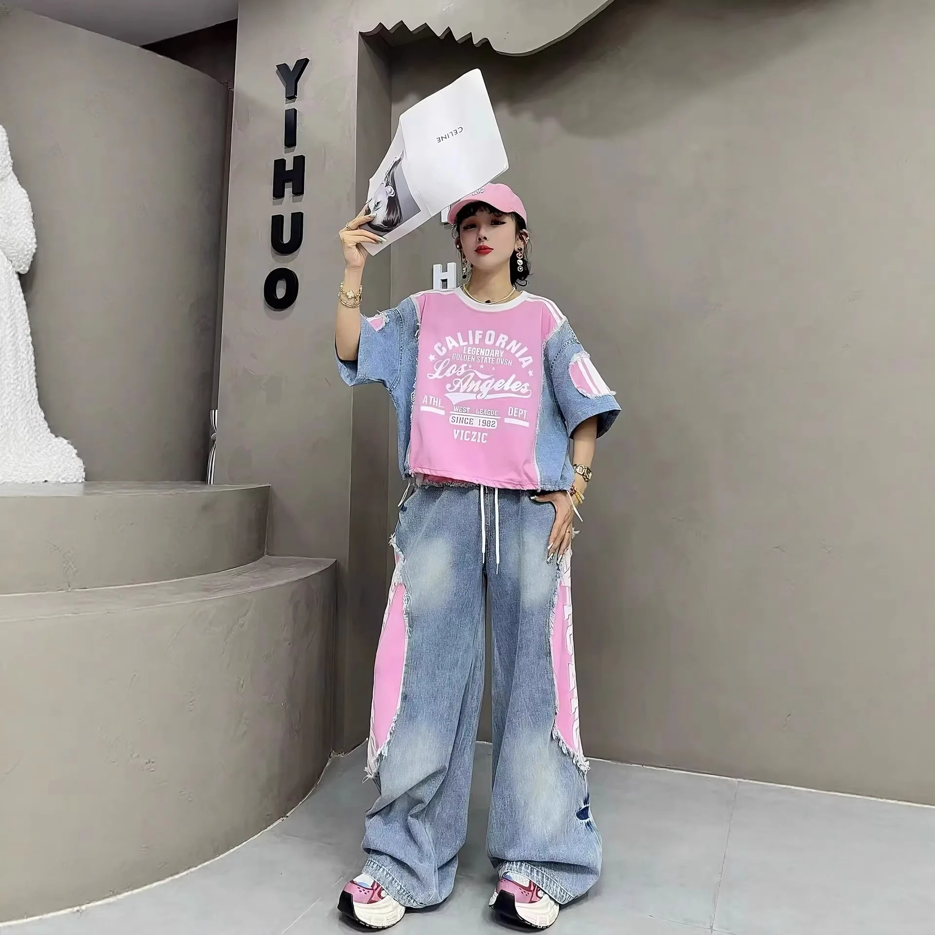 American Summer Women Two-piece Set Letters Printed Denim Short Sleeve T-shirt Top Drawstring Elastic Waist Wide Leg Loose Jeans