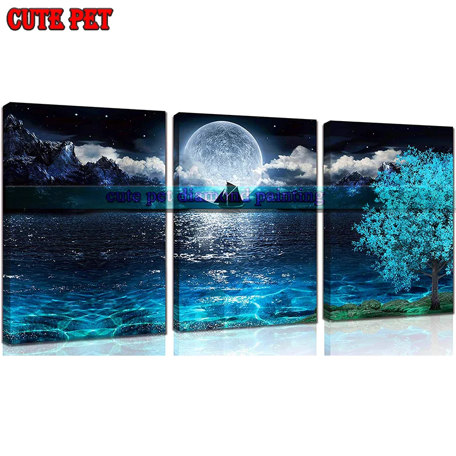 

scenery DIY diamond mosaic Moonlit night sparkling lake rhinestone embroidery cross stitch Chuanfan Mountain Tree art Decor 3PCS