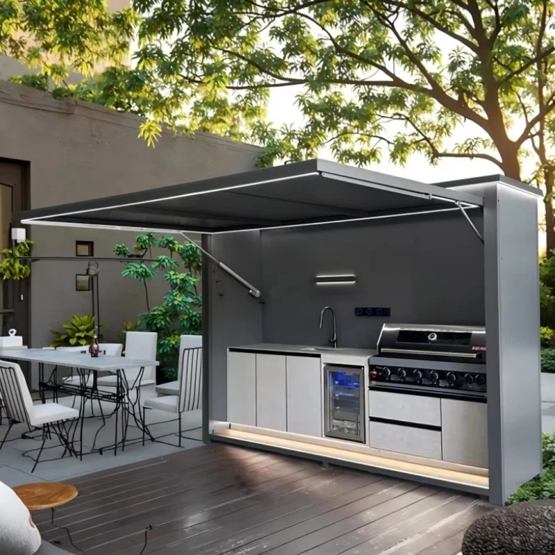 Modern Modular Outdoor BBQ Stainless Steel Kitchen Cabinet with Laminate Finish Faucet Hinge Grill and Sink