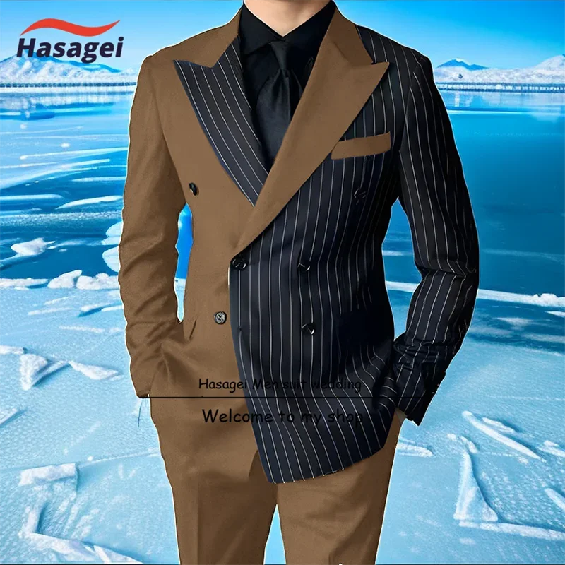 Formal Men\'s Suit, Wedding Groom Tuxedo 2 Piece Set, Jacket Pants Mens Double Breasted Blazer Elegant Color Block Clothes