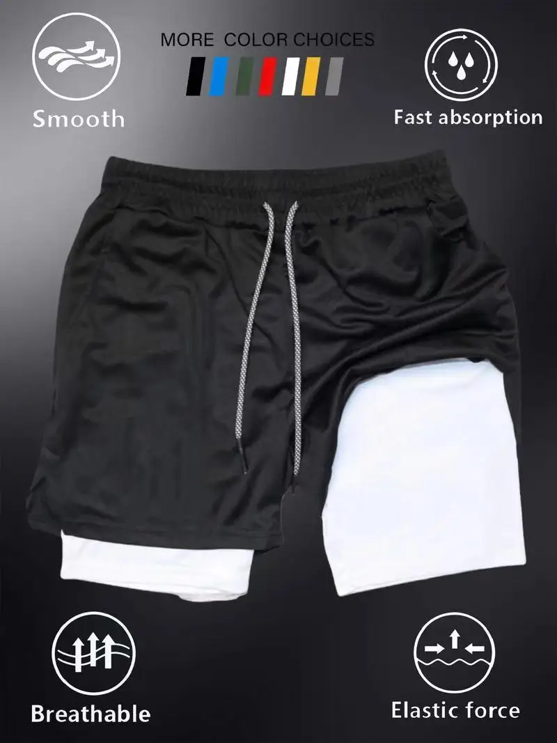 2026New men's summer outdoor running training 2-in-1 shorts, double-layer beach pants, quick-drying and breathable sports pants