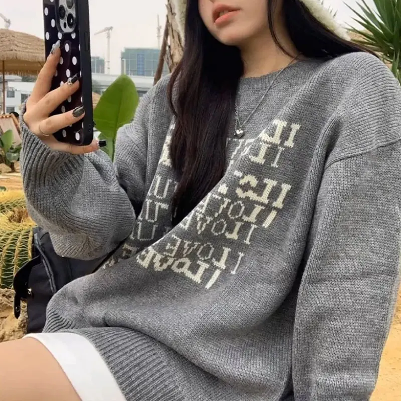 American Retro Letter O-Neck Sweaters Female Clothing Casual Loose Autumn Winter Long Sleeve Fashionable Basic Knitted Pullovers