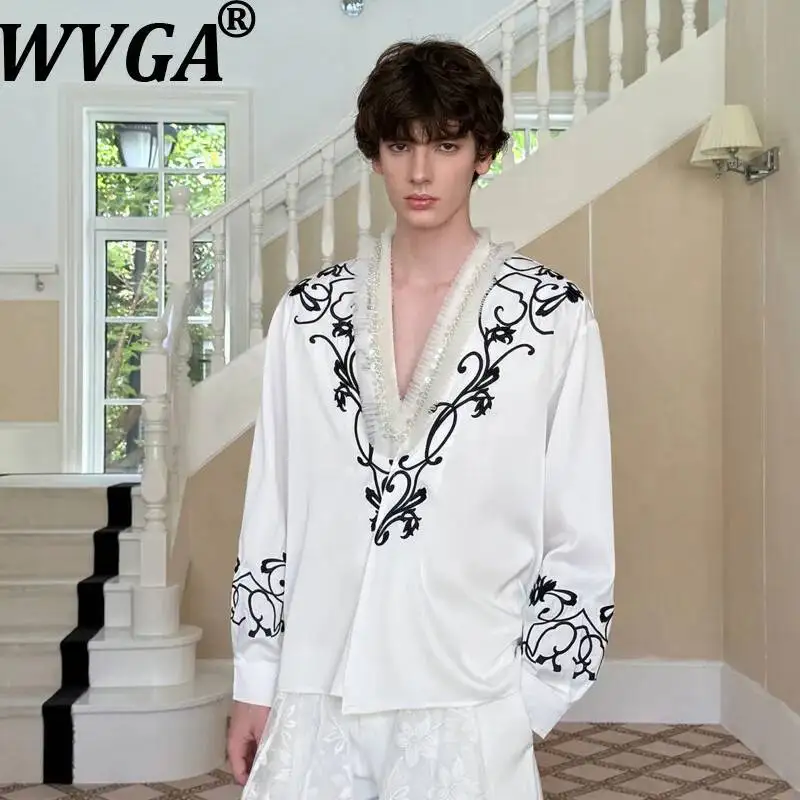WVGA Spring Autumn New Men Heavy Embroidery Craft Collarless Thin Loose Shirt Niche Chic Casual Long Sleeve Tops Ins W25633