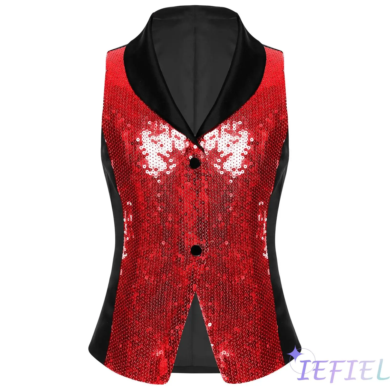 

Kids Girls Sequin Satin Disco Vest Top Stage Glittery Lapel Design V Neck with Press Buttons Contrast Color Tank Tops Waistcoat
