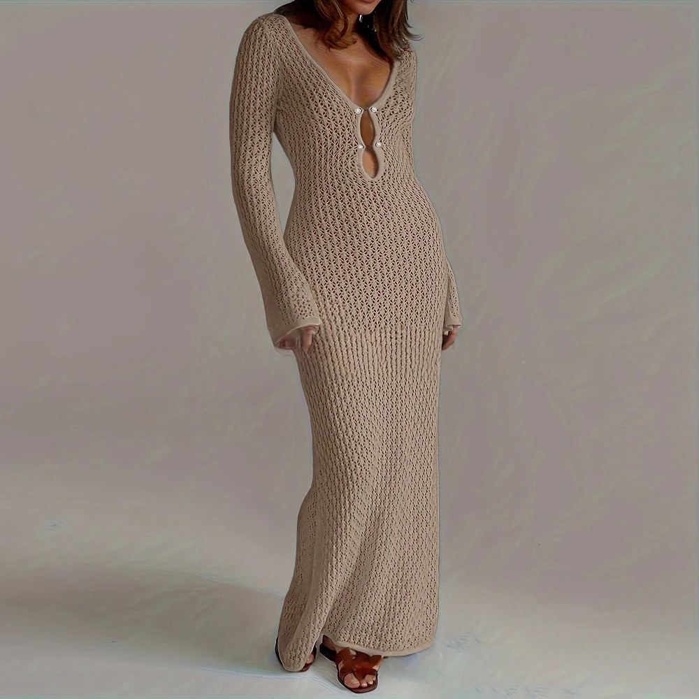 فستان نسائي مثير عادي مفتوح الغرز ميدي بأكمام طويلة ورقبة على شكل حرف V مقصوص للحفلات مجموعة الخريف