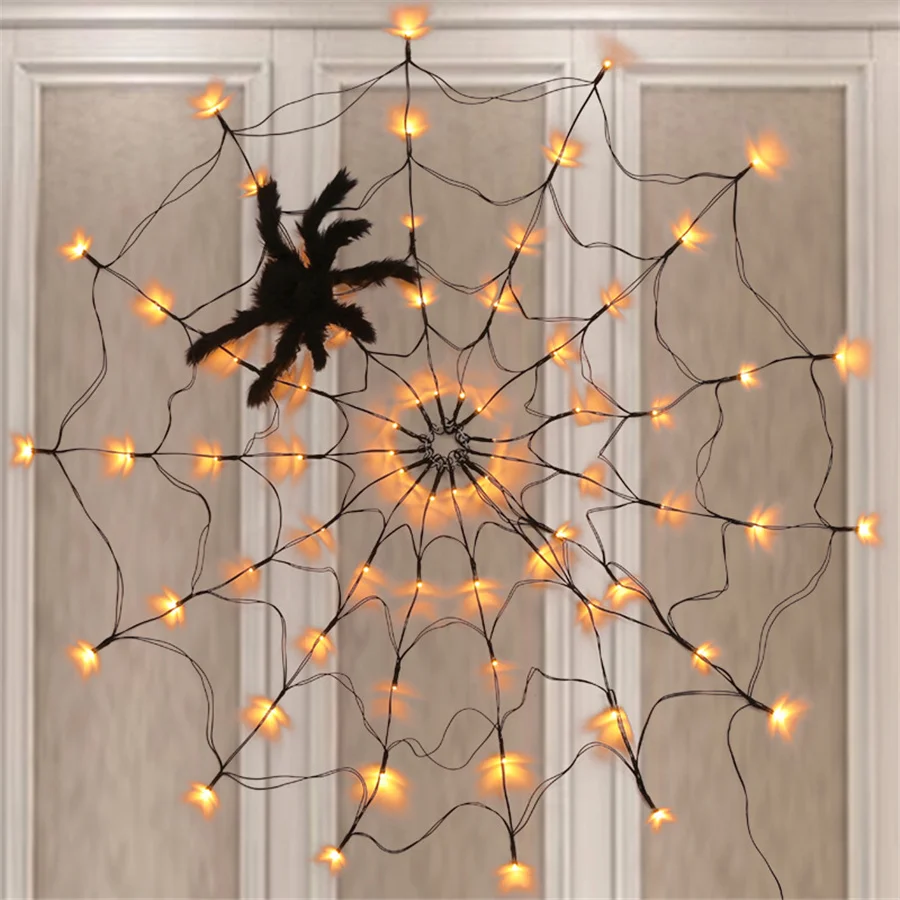 Outdoor Waterproof Halloween LED Spider Mesh String Lights Remote 8 Modes Horror Net Light for Halloween Party Wall Decoration