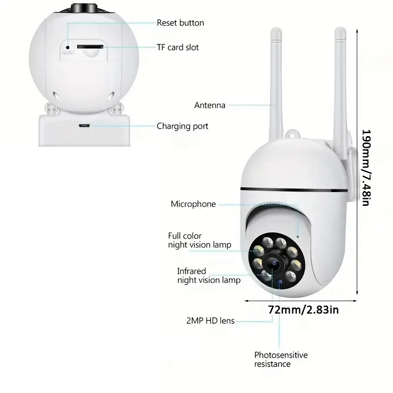 Phone APP 1080P HD Indoor/Outdoor WiFi Security Camera Color Night Vision 2-Way Audio 360° Rotate Anti-theft Monitor Wall Camera