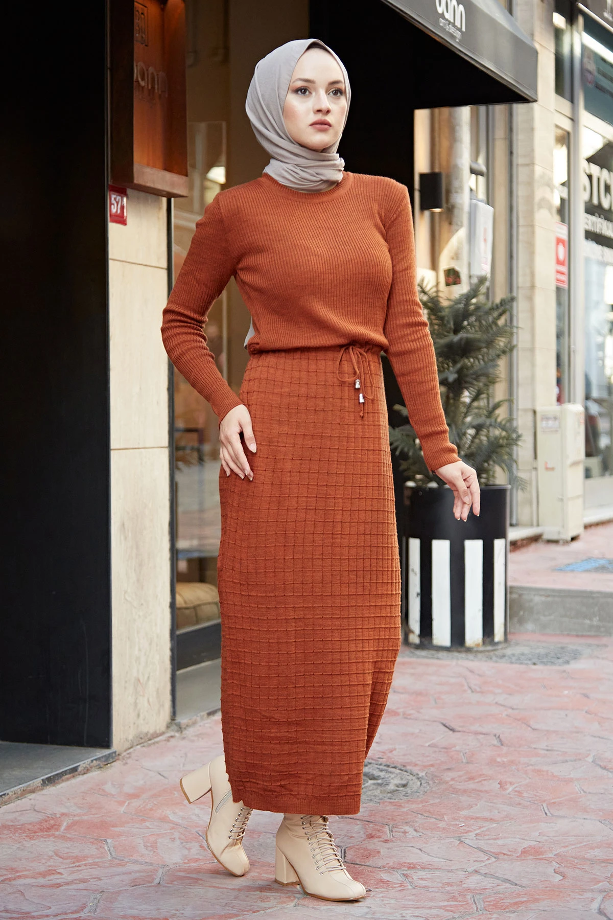 SBH Knitwear Waist Shirred Dress-Tile Winter Autumn 2021 Muslim Women Hijab headscarf islamic Turkey