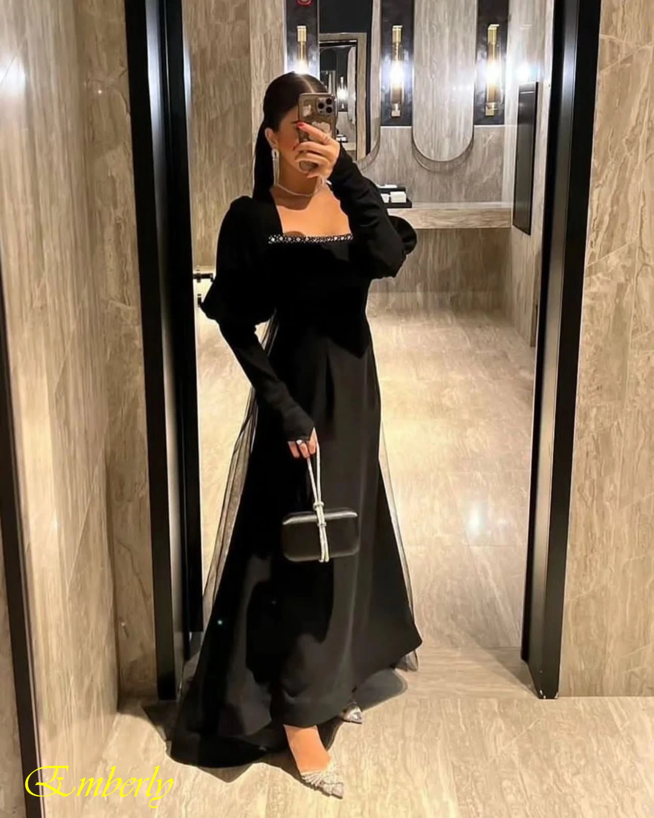 Customized Black Jersey Prom Dresses Mermaid Long Sleeves Homecoming Gowns Elegant Square Collar Saudi Arabia Evening Dress