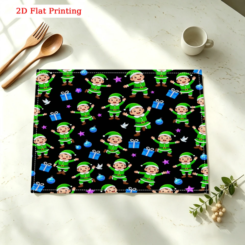 Cute Elf Christmas Pattern Print Kitchen Placemat Coaster Linen Pad Dish Coffee Cup Table Mat 30x40cm Home Decor
