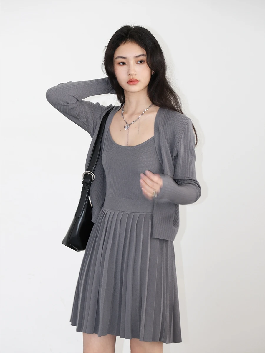 CHIC VEN Women Cardigan Loose Casual New V-neck Female Sweaters Woman Top Suspender Pleated Dress Set Spring Summer 2024